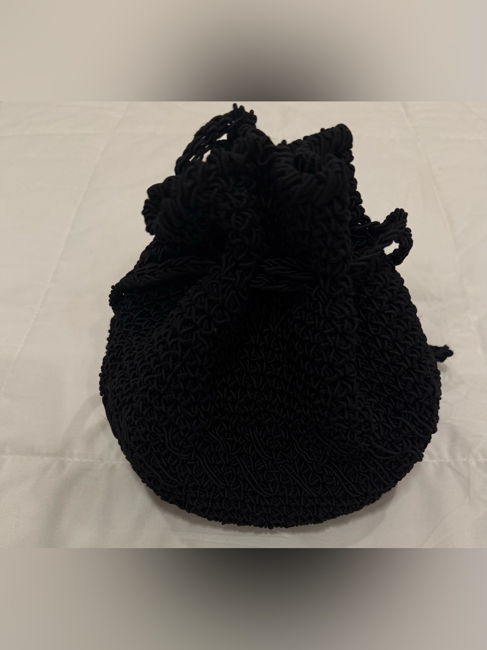 VTG Joseph Magnin Black Crochet Drawstring Pouch Bag Made in Italy